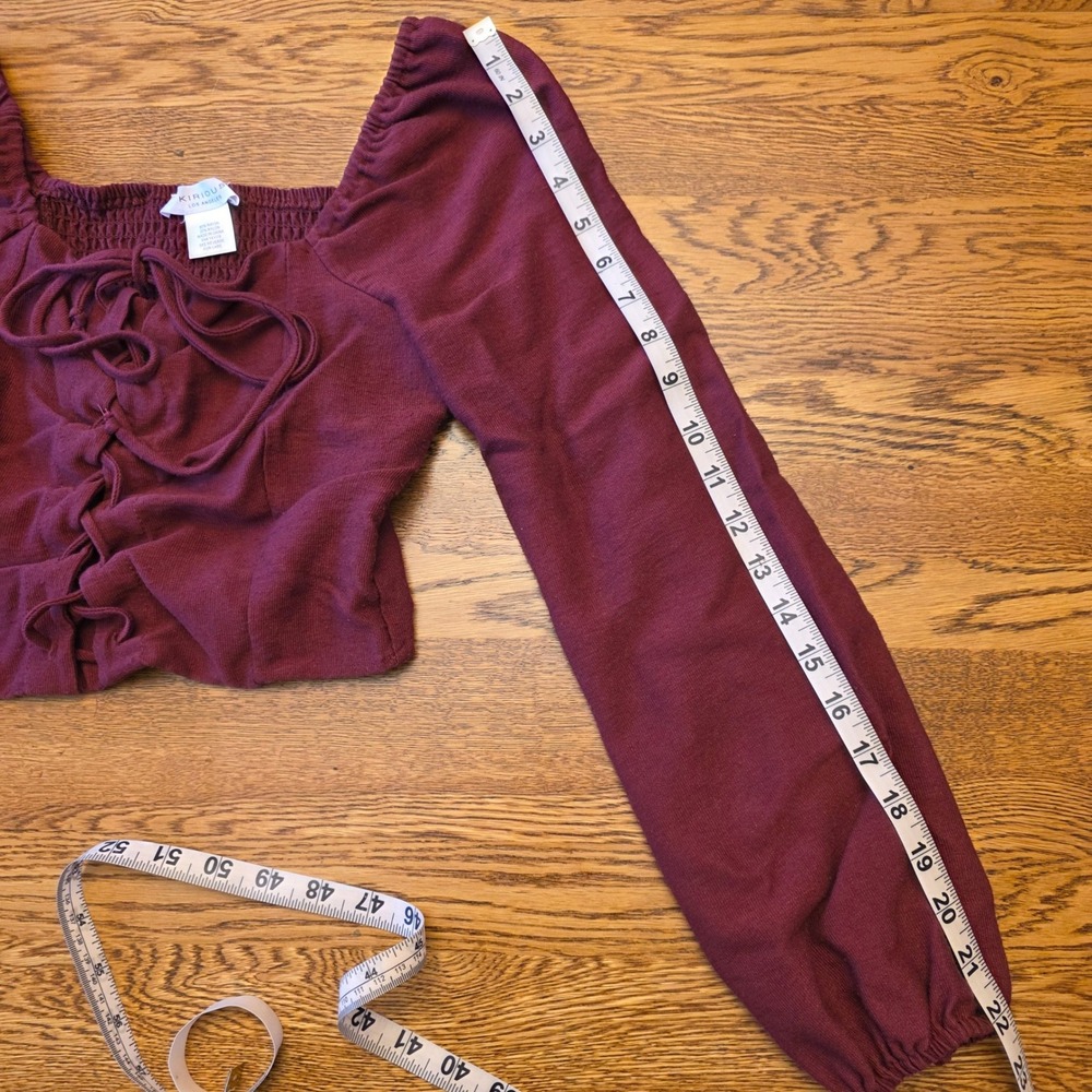 Kirious Crop Top Burgundy Long Sleeve Square‎ Neck Lace Up Smocked Boho Coquette - Picture 4 of 10